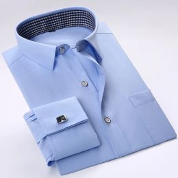 Schroevendraaiers Quality 2023 French Cufflinks Shirt Men's Long Sleeve Tuxedo Male Brand Slim Fit White Button Cuff Social Men Dress Shirts