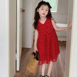 Girl's Dresses Summer Girls V-Neck Sleeveless Polka Dot Tank Dress Korean Red Ambiance Beach For Children 3-8 Years Old H240423