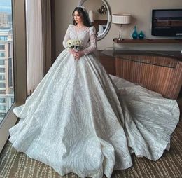 luxurious Ball Gown Wedding Dress 2024 Bling Sparkly Lace Sequined O Neck Long Sleeve Vestido De Novias Casamento Muslim Bridal Gowns