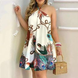 Casual Dresses For Woman 2024 Sexy Sleeveless Backless Short Mini Dress Loose Halter Neck Print Beach Sundress Floral Vestidos S-2XL