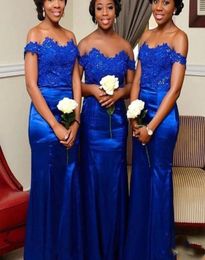 Royal Blue Off Shoulder Satin Mermaid Bridesmaid Dresses Long Lace Applique Beaded Maid of Honor Gowns Wedding Party Dress Plus Si9360588