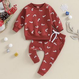 Clothing Sets Toddler Baby Boys Girls Christmas Cartoon Candy Cane Print Long Sleeve Sweatshirt Tops Pants Xmas Clothes Set