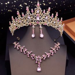 Necklaces Pink Colours Tiaras Bridal Jewellery Sets for Women Choker Necklace Earrings With Crown Wedding Bride Set Costume Accessories