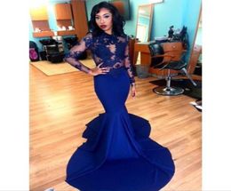 Lace Royal Blue Mermaid Prom Dresses Sexy Long Elegant Evening Gowns Plus Size See Through Sheer Long Sleeves Arabic Party Dress A7297328