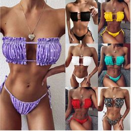 Solid Colour Multi-color Strapless Lace Up Triangle Bikini Swimsuit