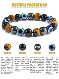 Strands OAIITE 8mm New Turkish Evil Eye Bracelet for Women Charm Tiger Eye Stone Bracelet for Men Hematite Healing Health Care Jewelry