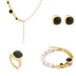 Earrings Necklace Bracelets Stud Earrings Rings For Women Stainless Steel Shell Imitation Pearl Square Glass Wedding Femmes Jewellery Sets 230831