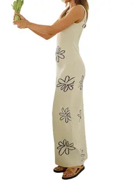 Casual Dresses Women Y2k Print Knit Long Bodycon Dress Sleeveless Tank Slit Ribbed Midi Sexy Slim Knitted Cami Maxi