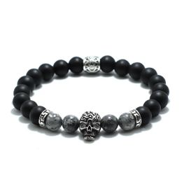 Strands Vintage Skull Bracelet For Men 8mm Black Onyx Stone Beaded Braslet Gothic Pirate Braclet Birthday Present For Boyfriend Pulseras