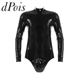 Women's Swimwear Mens Fashion Zipper Bodysuit One-Piece Open Crotch Bulge Pouch Patent Leather Long Sleeve Leotard Jumpsuits Sexy Clubwear