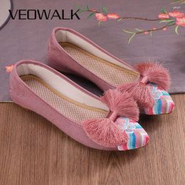 Casual Shoes Veowalk Tassel Bow Knot Women Cotton Jacquard Fabric Pointy Ballet Flats Soft Comfortable Slip On Flat For Ladies