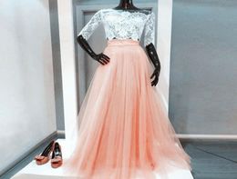 Peach Pink Two Piece Prom Dresses Off Shoulder Half Sleeves Illusion Lace Jacket Crop Top Tulle Floor Length Light Orange Evening 6236825