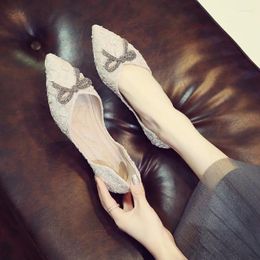 Casual Shoes Summer Shallow Mouth Pointed Toe Rhinestone Bow Flat Korean Version Daily Large Size Slip-on Women