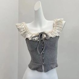 Womens Off White Lace Patchwork Crop Top Fashion Vest 90s Aesthetic Lace-up Off Shoulder Sleeveless Y2k Vintage 2000s Tank Tops 240421