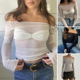 Women's Blouses Pleated Bandeau Long Sleeve Women T-shirt Thin Elastic Slim Fit Sexy Off Shoulder See-through Tee Shirt Daily Clothing