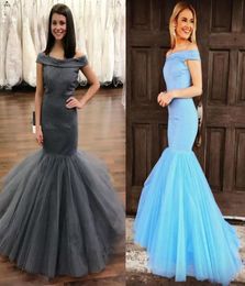 Off Shoulder Mermaid Blue Prom Dresses Bateau Neck Tulle Satin Floor Length Plus Size White Evening Dresses Sweep Train1034528