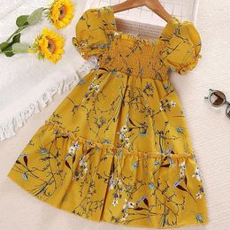 Girl Dresses Kid Dress For Girls Summer 2024 Toddler Casual Short Sleeve Shirring Floral Print Yellow A-line Children Clothing 2-8Y