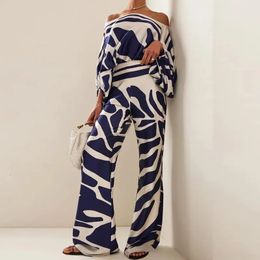 Women Casual Satin Print Suit Fashion Hollow Off Shoulder Tops With Long Pants 2 Piece Sets 2024 Spring Loose Commuting Outfits 240419