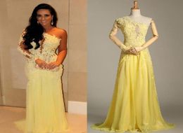 Real Picture Yellow Mermaid Lace Long Sleeve Evening Dresses Sheer Chiffon Evening Gowns Celebrity Red Carpet Dresses One Shoulder1797519