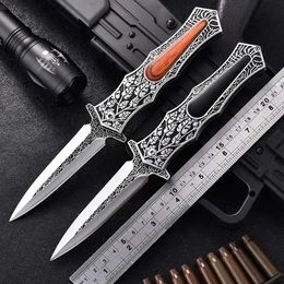 High Hardness Steel Wooden Handle Folding Knife Outdoor Portable Multifunctional Self Defense Knife Camping and Home Daily Use