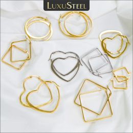 Earrings LUXUSTEEL Simple Geometric Stainless Steel Hoops For Women Small Large Round Square Heart Shape Metal Earrings Not Fade Jewellery