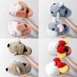 New BEVERGREEN Women Home Slippers All-inclusive Plush Warm Boots Cute Hamster Shape Design Couples Shoes Indoor Fluffy Slides T220816