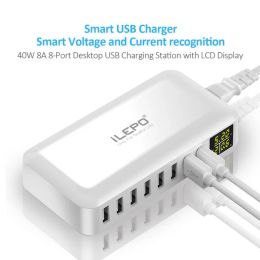 Hubs USB Charger with LED Digital Display 40W 8A Max 2.4A 8Ports USB Hub Charger for iPhone iPad Smart Phone and Other Devices