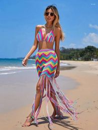 Work Dresses JRRY Sexy Women Knitted Set Crop Top Tassels Skirt Crochet Two Pieces Hollow Out Crocheted Beach Dress Cover Ups