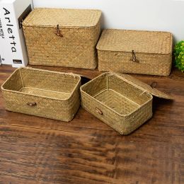 Baskets Handwoven Wicker Storage Box Natural Seagrass Storage Baskets with Lid Sundries Container Household Rectangular Organizer