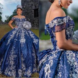 Bling Sequined Tulle Beading Quinceanera Dresses Navy Blue 2022 Ball Gown Off the Shoulder Ivory Flower Applique Sweet 15 16 Girls1478346