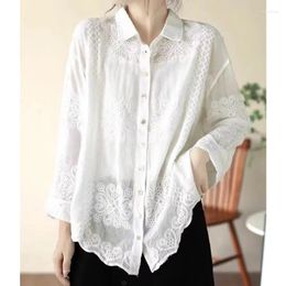 Women's Blouses Elegant Solid Colour Embroidered Cotton Long Sleeved Polo Collar Shirt Casual Loose 2024 Spring Button Cardigan Top