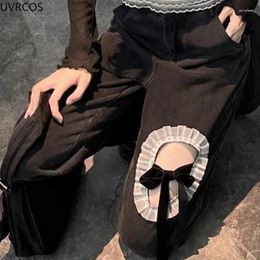 Women's Jeans Gothic Hollowed Out Bow High Wais Women Sweeet Stitching Straight Wide Leg Denim Pants Lady Vintage Ruffles Loose Trousers