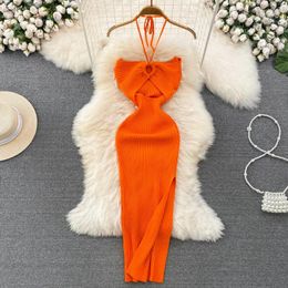 Casual Dresses Summer Chic Fashion Sexy Package Hips Split Knitted Dress Women Slim Elastic Bodycon Party Streetwear Outfits