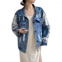 Women's Jackets Embroidery Sequins Denim Jacket Women Loose Fashion Hole Jeans Coat 2024 Spring Autumn Vintage Single-Breasted Clothes B265