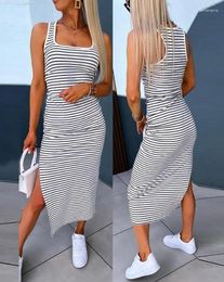Casual Dresses Women's Fashion Dress 2024 Spring/summer Latest Striped U-Neck Sleeveless Side Slit Daily Skirt Maxi