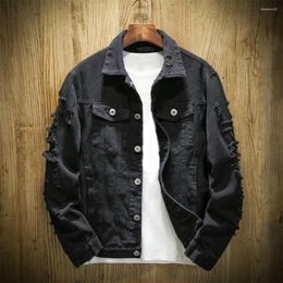 Men's Jackets Stylish Jean Jacket Ripped Hole Korean Style Denim Coat Pure Color Single Breasted