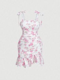 Autumn Winter Plus Size Sleeveless Cocktail Floral Ruched Mini Dress Summer Women Fashion Sexy Party Club Dresses 240423