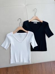 Women's T Shirts 2024 Spring Summer Women Top Sexy V Neck Short Sleeve Kniited Black Shirt Fashion Hole Slim White Tees