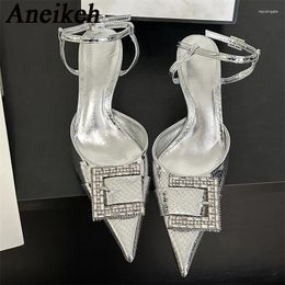 Dress Shoes Aneikeh Fashion Rhinestone Buckle Summer Sandals Pointed Toe Thin Heels Party Prom Silver Mule Pumps For Women