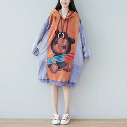 Party Dresses Women Hooded Cartoon Printed Loose Dress Ladies Patchwork Print Contrast Colour Female 2024