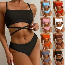 Women's Swimwear Women Two Pieces Swimsuit Lady Spaghetti Straps Bikinis Set Female Solid Color High Waisted Bathing Suit For Holiday Beach