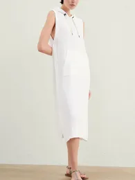 Casual Dresses White Or Black Women Sleeveless Hooded Midi Dress Cotton Side Split Button High Waist 2024 Summer Ladies Slim Long Robe