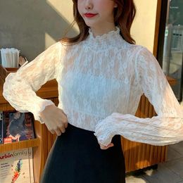 Women's T Shirts Petal Sleeve Half High CollarHollow Out Flower Lace TopSpring And Autumn 2024 Sexy PrimerAll-match Women White Top