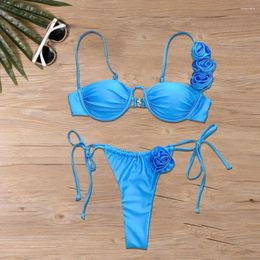 Women's Swimwear Sling Bikini Set Floral Lace With Bandeau Bra Lace-up Briefs 3d Flower Swimsuit Bathing Suit For Quick Drying