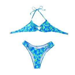 Ny europeisk och amerikansk modeswimsuit delad bikini -uppsättning för kvinnors badkläder blå blommig sexig mikrobikini -uppsättning