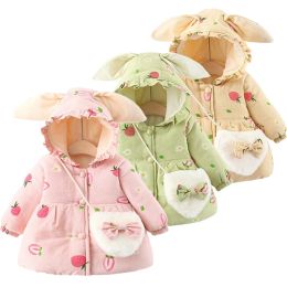 Coats VOGUEON Baby Girl Cute Strawberry Print Coat Toddler Kids Winter Thicken Fleece Jacket Infant Children Hooded Outerwear with Bag