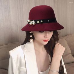 Berets Korean Style For Girls Ladies Big Brim Gift Wool Felt Solid Color Fisherman Hat Panama Pearl Fedora Bucket Cap