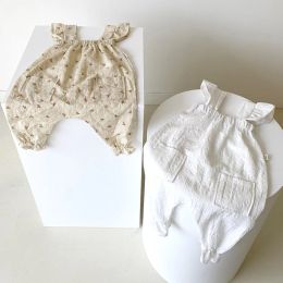 One-Pieces Adorble Baby Girls Floral Romper Summer Infant Baby Girls Linen Cotton Jumpsuit Sleeveless Ruffles Lace Bodysuit Children Fashio