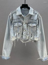 Women's Jackets Womens Denim Jacket 2024 Spring Summer In Heavy Industry Rivet Studded Jean Women Worn Nail Bead Top