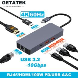 Hubs Getatek 6in1 USB C Hub 4K 60Hz HDMI Type C to Ethernet USB C PD 100W Charging USB 3.2 Hub for MacBook/Lenovo iPhone 15 Pro Max